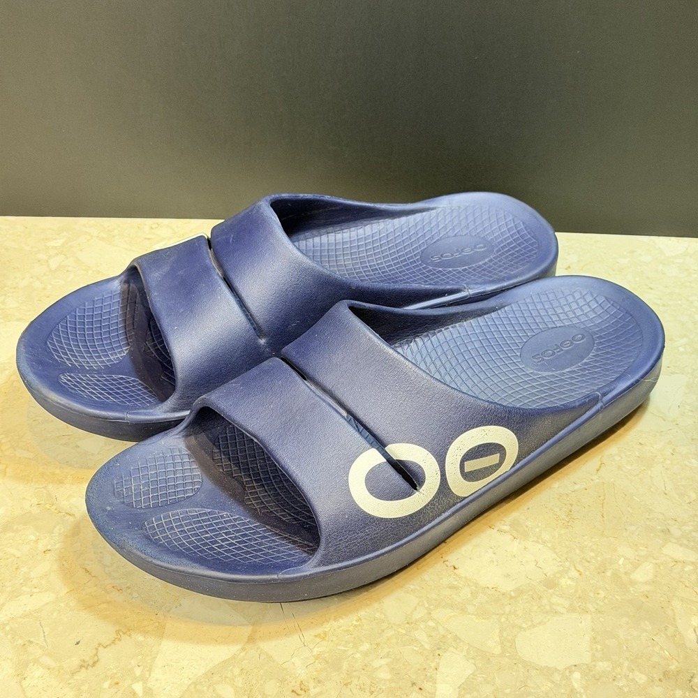 OOFOS OOahh Sport Slides Mens 14 Navy Blue Recovery Sandal Comfort Footwear